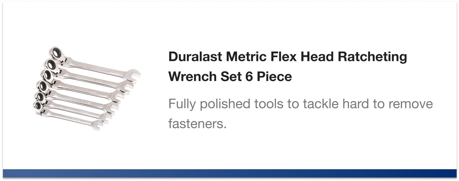 Duralast Metric Flex Head Ratcheting Wrench Set 6 Piece - Fully polished tools to tackle hard to remove fasteners