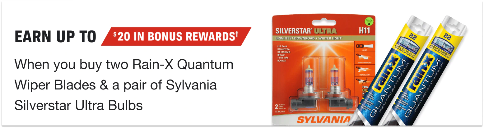 Up to $20 Bonus Rewards when you buy two Rain-X Quantum Wiper Blades and a pair of Sylvania Silverstar Ultra Bulbs 